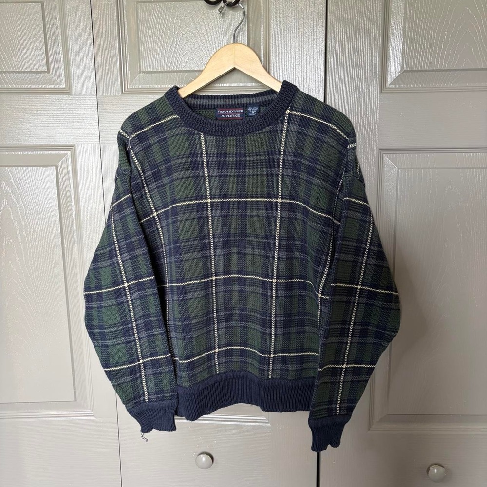Roundtree & Yorke Vintage Plaid Sweater Mens Medium Green Navy Cotton Knit Crew